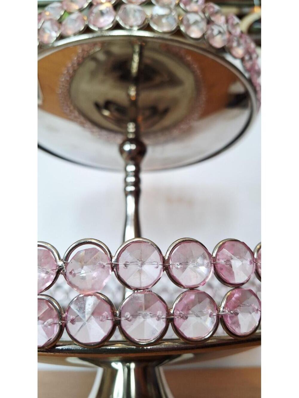 2-Tier Silver Metal Serving Stand Pink Faux Crystal Beads Dessert Jewelry Tower - Picture 7 of 16